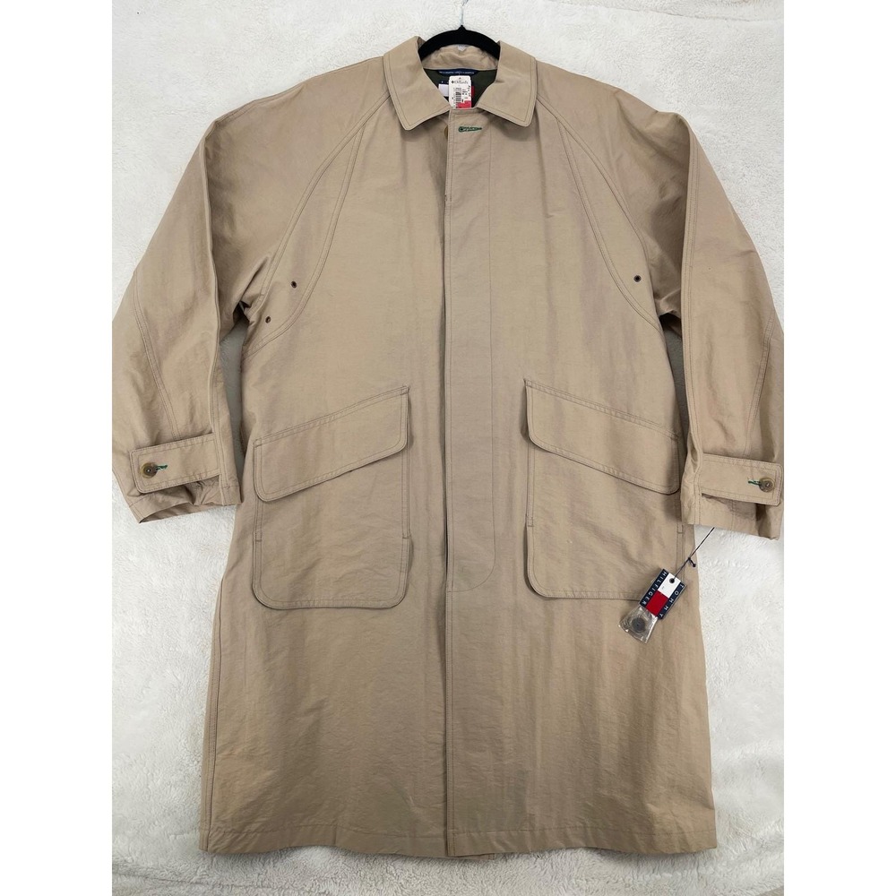 Tommy Hilfiger Mens Khaki Trench Coat Longline Button Front Overcoat Tan Size M